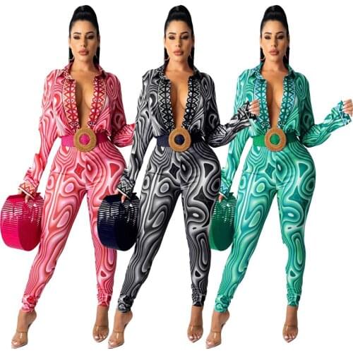 Echoine Women Fashion Print Long Sleeve Shirt Outfits Two Piece Set Autumn Turn-Down Collar Tops Pencil pants Tracksuit Outfits