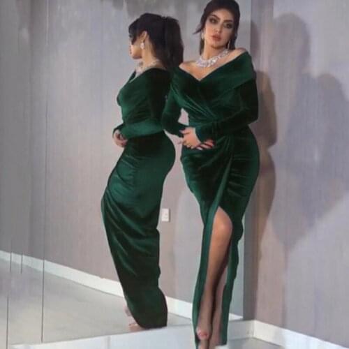 Womens Dress Autumn Gold Velvet Long-sleeved V-neck Dresses 2021 Elegant Temperament Vintage Party Split Long Dress