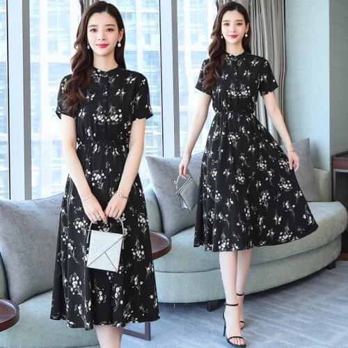 Summer Korean Vintage Black Floral Midi Dress 2021 Oversize Casual Chiffon Boho Beach Sundress Women Party Bodycon Maxi Vestidos