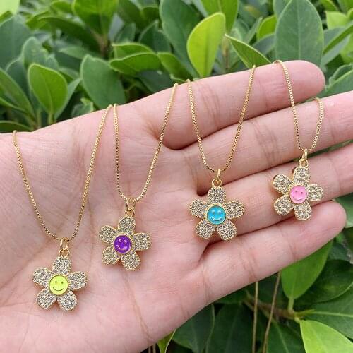10Pcs Zircon Pave Happy Face Flowers Brass Enamel Pendant Gold Plated Box Chain Necklace Multi-color Matching Necklace Jewelry
