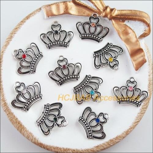 20Pcs Tibetan Silver Tone Retro Crown Mixed Crystal Charms Pendants 18x22mm