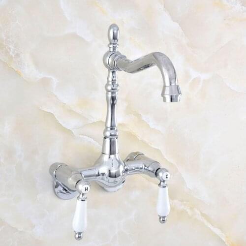 3-3/8" Chrome Wall Mounted Basin Faucets Bath Faucets Double Handle Dual Hole Bathroom Sink Washbasin Water Mixer Tap Nqg206