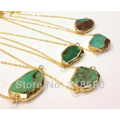 H-QN21 5PCS Free Form Apple Green Chrysoprase Stone Necklace 24K Gold Color