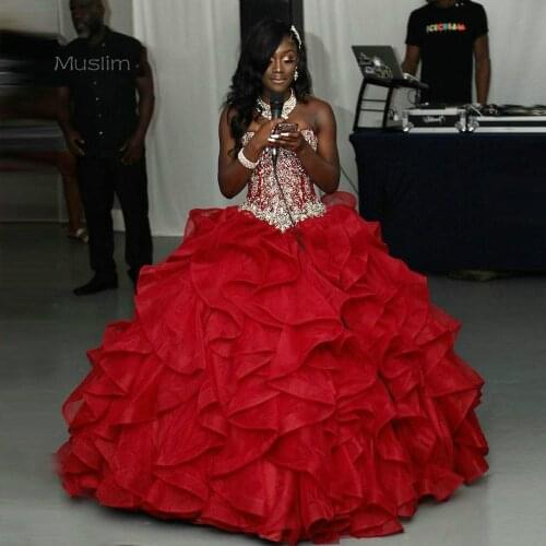 African Black Girls Red Ball Gowns Quinceanera Dresses Ruffles Organza Crystal Beaded Strapless Bandage Sweet 16 Dress Prom Gown