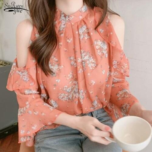 Blusas 2021 O-neck Off Shoulder Shirts Women Flare Sleeve Office Ladies Blouses Autumn Print Chiffon Blouse Femme Top Mujer 9931