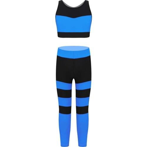 Kids Girls Summer Sport Suit Sport Outfits Sleeveless Stripes Cropped Sport Vest Tops and Pants Set Kids Gym Workout Casual Wear