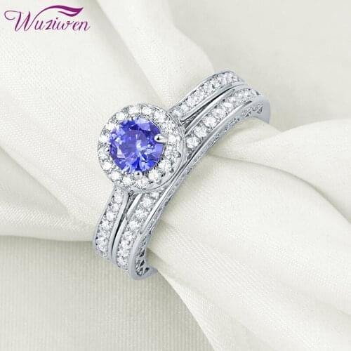 Wuziwen 2 Pcs Solid 925 Sterling Silver Promise Wedding Ring Set For Women Round Cut White & Blue AAA Zircons Size 5-12