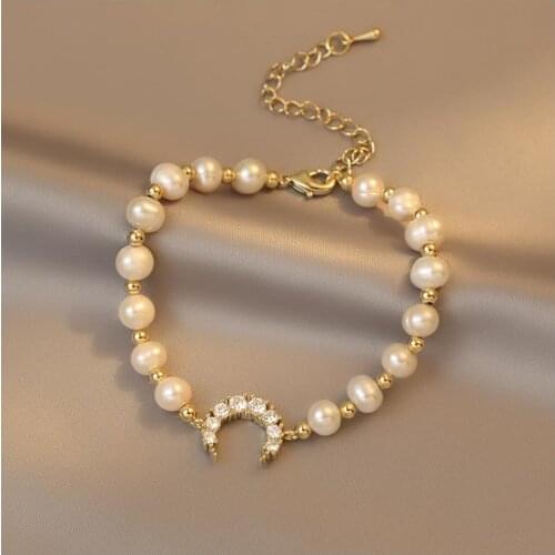 Korea New Design Fashion Jewelry Natural Freshwater Pearl Bead Bracelet Zircon Moon Elegant Women Student Daily Accessories