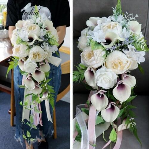 PEORCHID Beautiful Calla Lily Wedding Bouquet Waterfall Ramo Novia Artificial Peony Silk flower Bouquet Ivory Purple