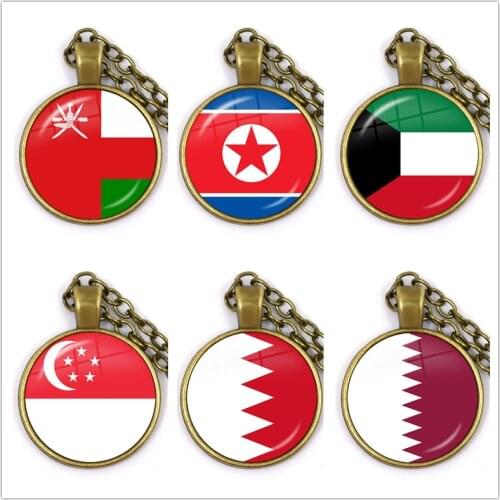 Kuwait,Qatar,North Korea,Bahrain,Oman,Singapore Nation Flag Pendant Necklace 25mm Glass Cabochon Jewelry For Women Girls Gift