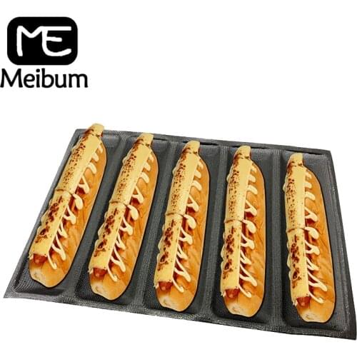 Meibum 5 Cavity Long Loaf Non Stick Bake Tray Glass Fiber Silicone Bread Baking Mold Hot Dog Baguette Eclair Porous Mould