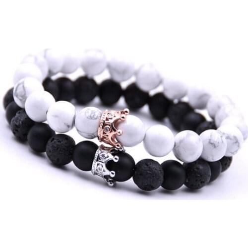 Trendy Black And White Stone Beads Bracelets Gold Silver Color Alloy Crown Bracelet For Women Men Couple Bangles Jewelry Gifts
