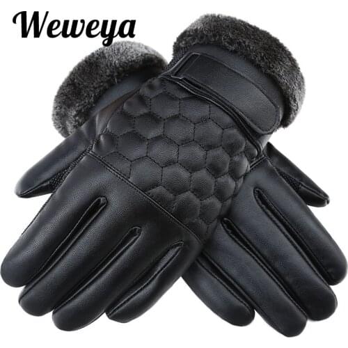 Weweya Men Winter Warm Gloves Waterproof Thickened PU Leather Gloves Plush Cuff Anti-skid Gloves for Men Thermal Windproof Glove
