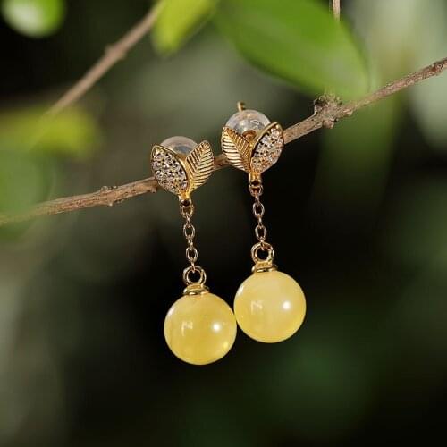 Natural 925 sterling silver gilt leaf inlaid round beads amber earrings temperament sterling silver women earrings jewelry