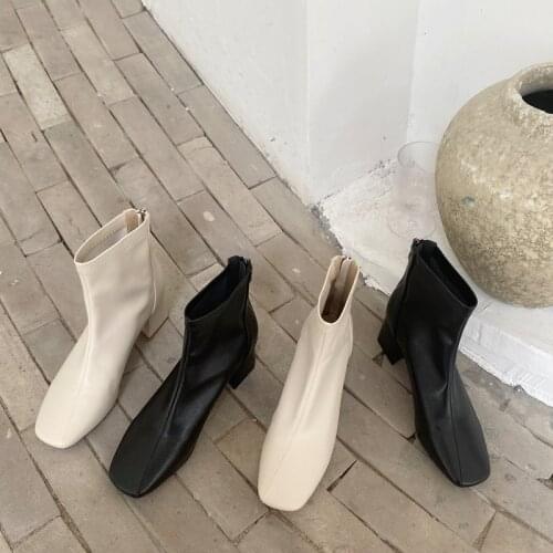 2021 New Autumn Women Leather Ankle Boots Fashion Female Mid Thick Heels Elegant Lady White Black Apricot Square Toe Zipp Shoes