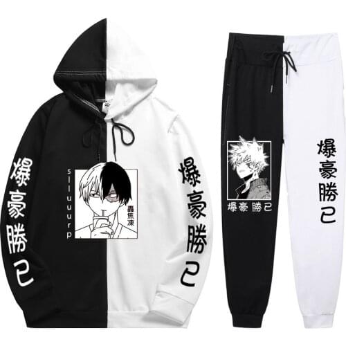New Summer Man 2 Pieces Sets Anime My Hero Ones Justice Print Cool Soft Patchwork Thin Hoodie+Patchwork Pants