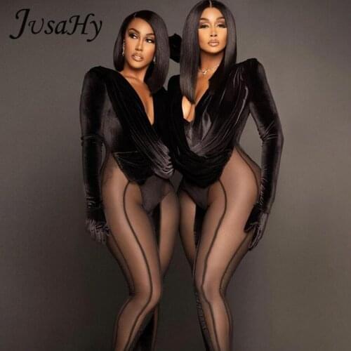 JuSaHy Autumn Solid Velet Patchwork Jumpsuits for Women Sexy V-Neck Full Sleeves Mesh Long Pants Female Street Party Rompers