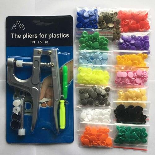 Snap Fastener Pliers KAM Button+150 set T5 Mix Plastic Resin Buttons 12mm Press Stud Cloth Button Press Machine Sewing Tools