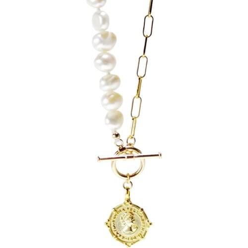 Lii Ji Baroque Pearl 925 Sterling Silver Gold Plated Necklace Queen Coin Pendant OT Clasp Luxurious Jewelry