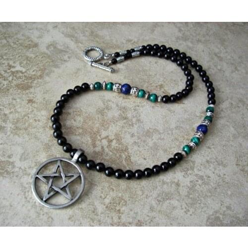 Inverted Pentagram Pentacle Pendant Necklace, Mens Black Onyx Beaded Necklace