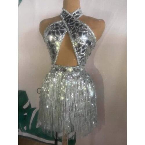 Silver Fringe Mirror Dress Sexy Backless Cross Halter Neck Prom Dresses For Women Singer Dj Dancer Stage Costume Birthday Outfit