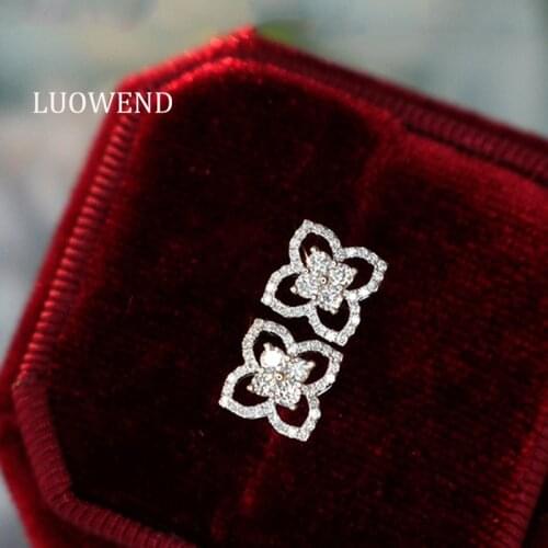 LUOWEND 100% Real 18K White Gold Earrings Natural Diamond Earring Party Jewelry Flower Shape Design Stud Earrings for Women