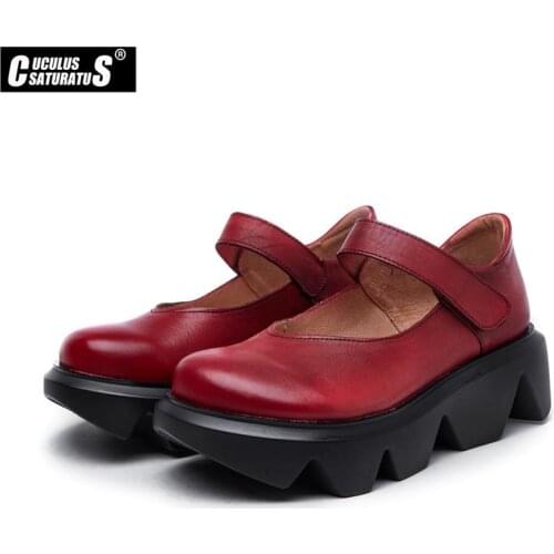 Cuculus Genuine Leather Handmade Women Shoes Brown Red Pumps Simple Thick bottom shoes Leisure Style springtime new style