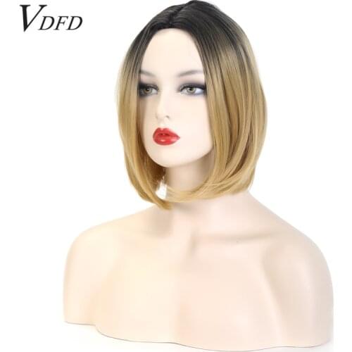 VDFD Synthetic Wig Blonde Ombre Short Bob Straight Hair Curly for Women Daily Use Natural Wave Cosplay Wigs Heat Resistant