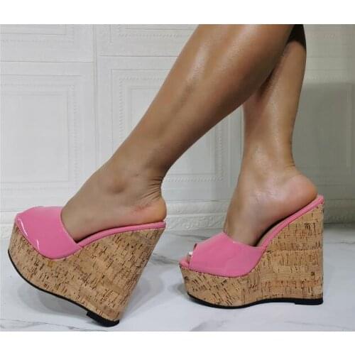 Girls Hot Pink Patent Leather Peep Toe Slip On Wedge Sandals Woman Fashion Thick Sole Platform Heels Slippers Shoes Custom Color