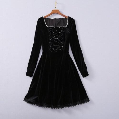 Womens European and American clothing 2021 winter new style Long-sleeved square collar nail beads Fashion velvet black dress