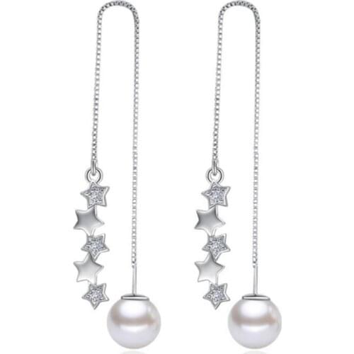New Arrive 925 Silver Star Imitation Pearl Long Earrings for Women Clear CZ Luxury Jewelry Brincos CY416