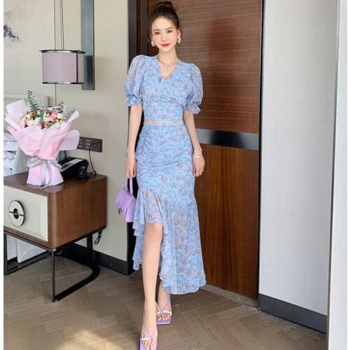 Vintage Short Sleeve Short Top Women Casual Ruffle Mermaid Skirt Puff Sleeve Crop Shirt Blouse Floral Print Chiffon 2 Pieces Set