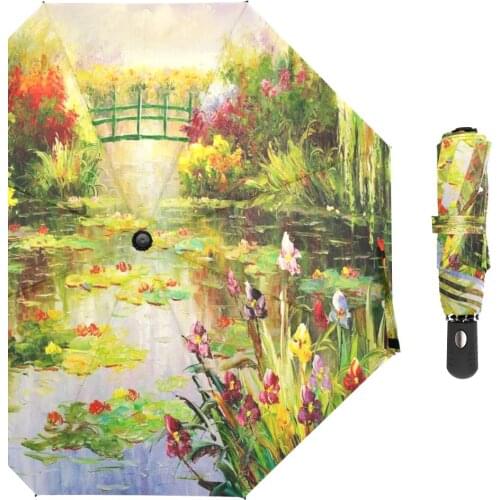 Claude Monet Oil Painting Umbrella Fully Automatic Umbrellas Rain Women Three Folding Windproof Umbrella for Female