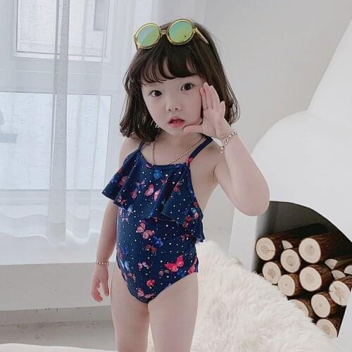 2PCS /SET Korean Children Baby Girls Butterfly Swimsuit Summer Hawaii Beach Bikini Kids Swimwear Swimming Costume With Hat
