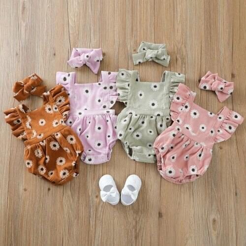 2021 Newborn Infant Baby Girls Boys Bodysuits Headband Flowers Print Ruffles Short Sleeve Backless Jumpsuits 4 Colors