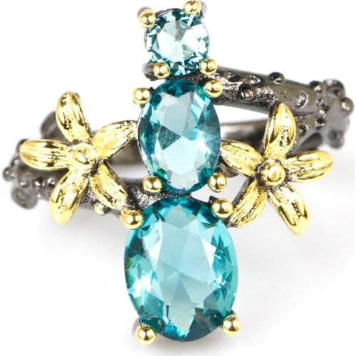 21x19mm Sublime Antique Vintage Green Peridot Flower Gift For Sister Black Gold Silver Rings