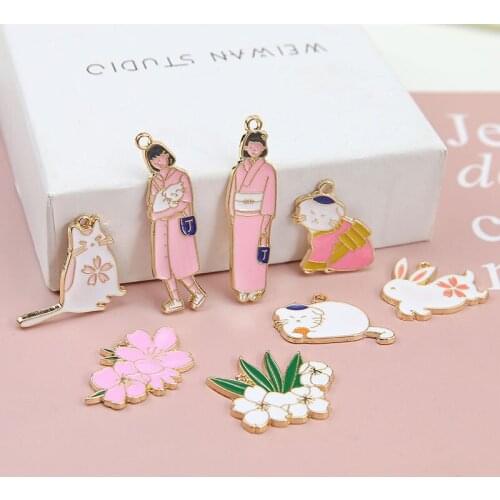 6pcs Cute Animal Rabbit Earrings For Women Child Creative Cartoon Jewelry Alloy Dripping Japanese Kimono Girl Flower Pendant