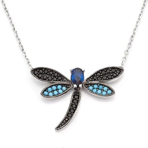 925 Sterling Silver Women Necklace with Butterfly Motiv and Blue Nano Zircon Stone