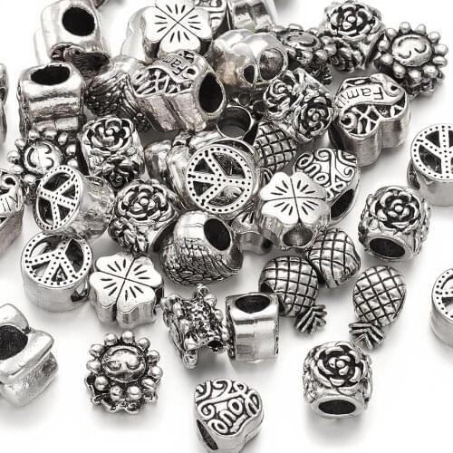 100g Mixed Shape Tibetan Style Alloy Large Hole European Beads Heart Wing for Jewelry Making DIY Bracelet Necklace Findings