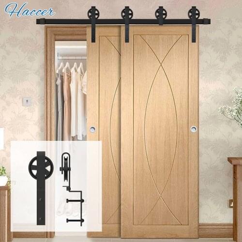 HACCER 4-16FT Bypass Barn Door Slide Hardware Kits Big Spoke Wheels Bent Track Kits for Interior Double Doors