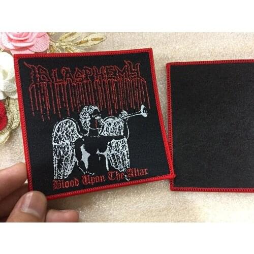 Customized woven patches Sew on Badges over-locking patch For Clothes Jeans Bags "BLASPEMY"