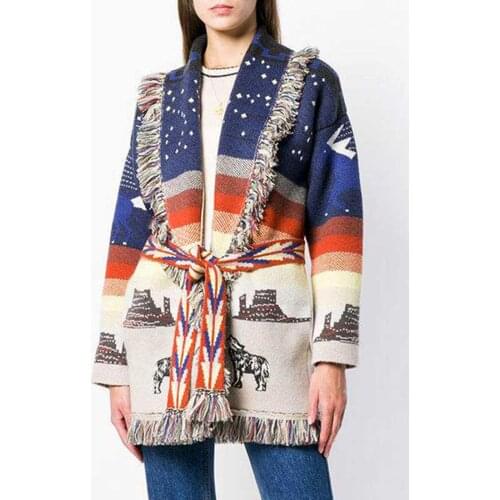 Jastie Retro Tassel Embroidered Jacquard Cardigan Jacket Autumn Winter Long Sleeve Knit Belt Sweater Cardigan Wool Outerwear Top