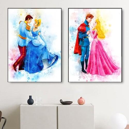 Disney Princess and Their Watercolor Disney Couples Art Husband Canvas Painting Poster and Print Wall Art Pictures for Kids Room