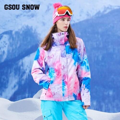 Gsou Snow Blue Pink Skiing Jacket Female Thermal Waterproof Hiking Snow Coat Snowboarding Tops Skiwear Sportswear