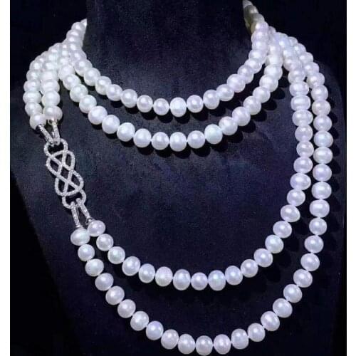 MADALENA SARARA AAA Freshwater Pearl Necklace White Pearl Necklace7-8mm Near Round Double Rows 20"