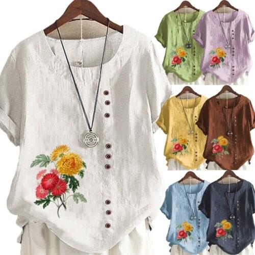 Fashion Womens Summer New Floral Print Short-sleeve T-shirt Casual Round Neck Top Cotton and Linen Loose Solid Color Top S-5XL