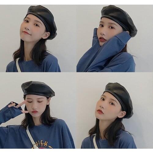 2020 New Women Hot Fashion Beret Solid Faux PU Leather Beret French Artist Warm Beanie Hat Autumn Winter Tourism Outdoor Berets