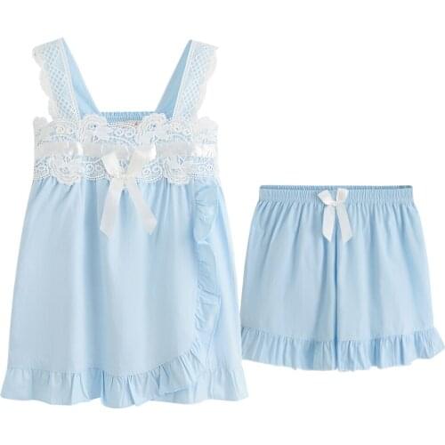 2017 New Summer Sleeveless Ladies Pajamas Set Cotton Lace Women Pijama Cute Sleepwear Homewear Asia/Tag S-XL AB106