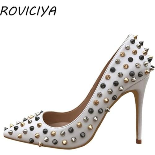 Ladies rivets new pumps for women shoes female wedding shoes designer high heel spring autumn 8cm 10cm 12cm 33-45 MD005 ROVICIYA