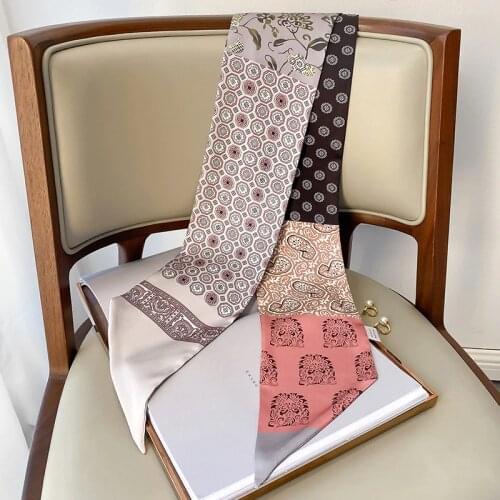 New Style Cashew Flower Decorated Silk Scarf Female Korean Thin and Narrow Strip Scarf Dual-use Double Soft Scarf Headband